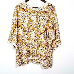 Solitaire Golden Boho Embroidered Floral 3/4 Sleeve Tunic Blouse Women's Size XL